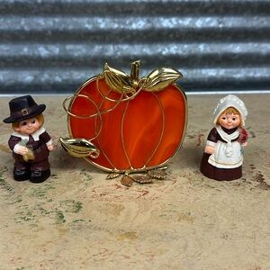 Hallmark Pilgrim boy and girl and orange glass pumpkin with gold leaf trim